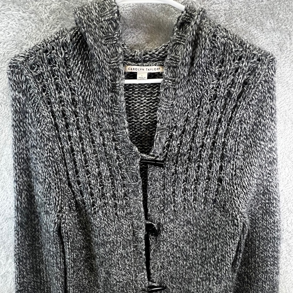 Carolyn‎ Taylor Womens L Gray Marled Knit Hooded Cardigan Grandma Gorpcore Cozy